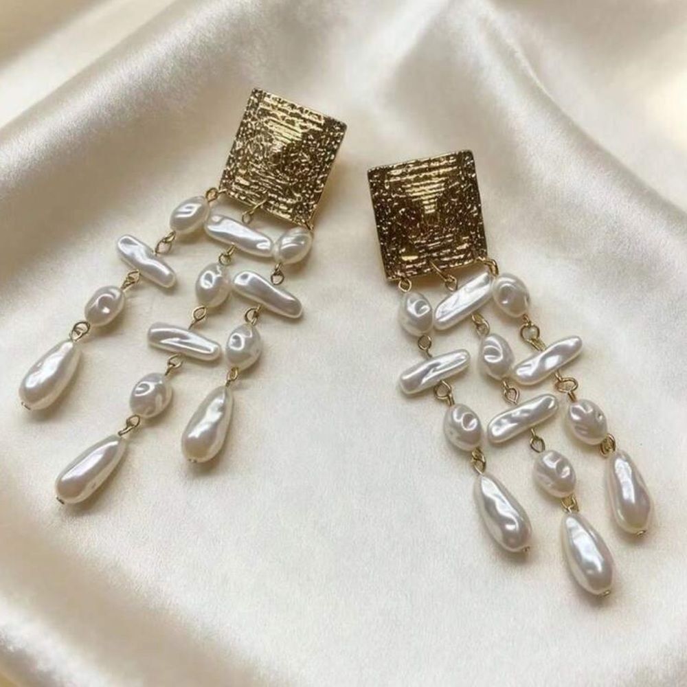 Gold and White Pearl Drop Statement Earrings - Women Jewelry R 396 - Picture 3 of 4